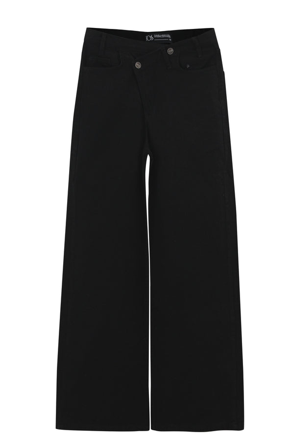 Black Crossed Waist Wide Leg Jeans