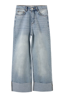 Light Blue Wide Leg Contrast Cuff Jeans