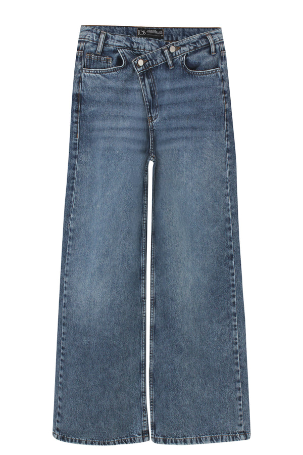 Dark Blue Crossed Waist Wide Leg Jeans