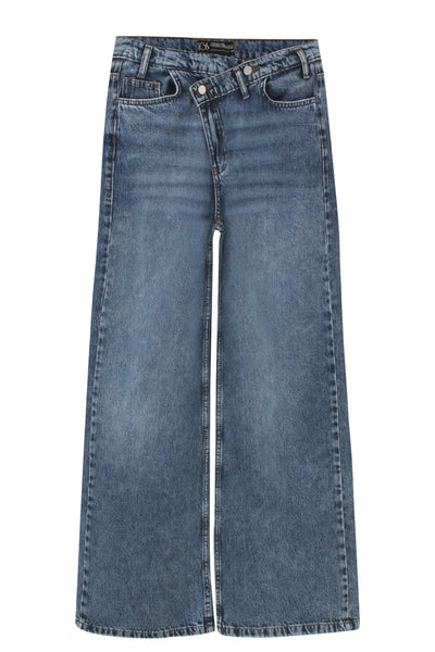 Mid Blue Crossed Waist Wide Leg Jeans