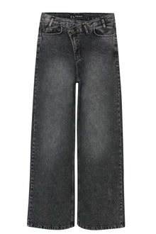 Grey Acid Wash Crossed Waist Wide Leg Jeans