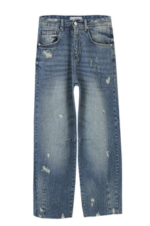 Mid Blue Ripped Mid Rise Baggy Balloon Jeans