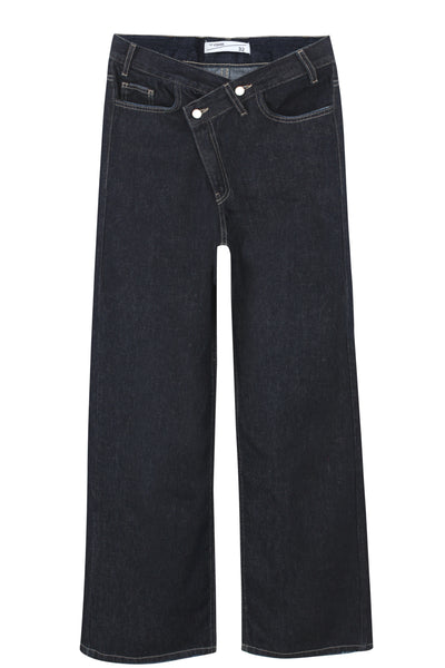 Raw Navy Blue Crossed Waist Wide Leg Jeans