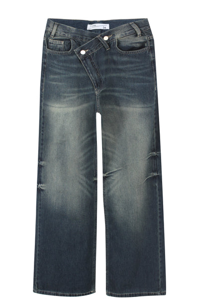 Dark Blue Wash Crossed Waist Wide Leg Jeans