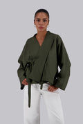 Olive Green Flow Fringe Linen Wrap Blouse