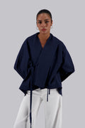 Navy Blue Flow Fringe Linen Wrap Blouse