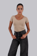 Beige Short Sleeves V-Neck Top