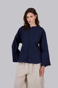 Navy Blue Mandarin Button Up Linen Top
