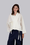 Off White Flow Fringe Linen Wrap Blouse