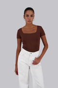 Brown Square Neck Short Sleeves Top