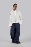 White Linen Half V Shirt