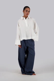 White Linen Half V Shirt