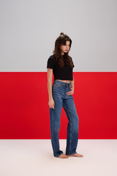 Dark Blue Mid Rise Straight Jeans