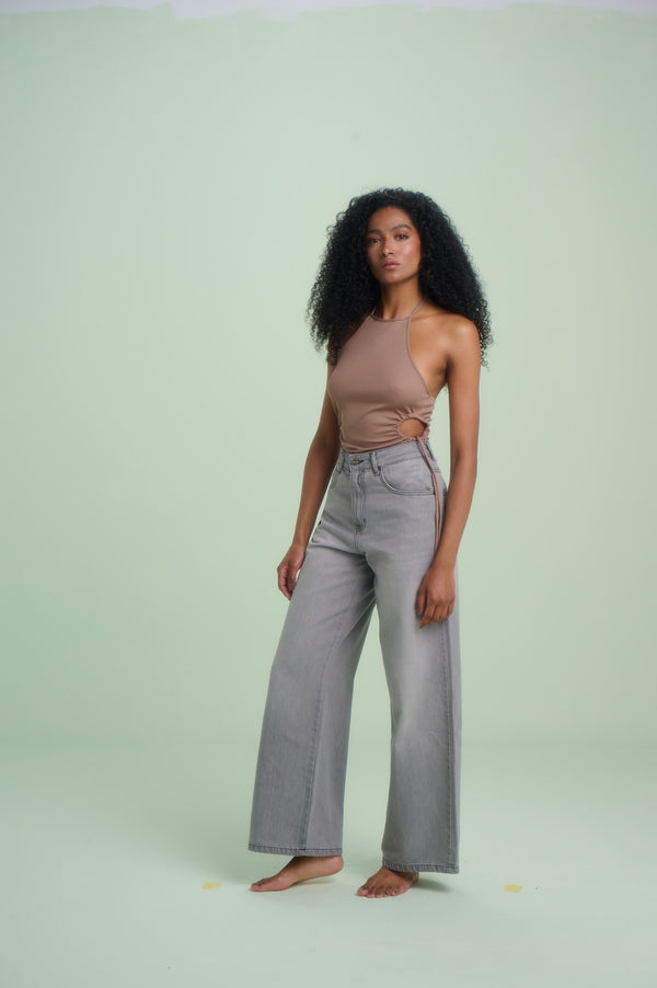 Light Grey Mid Rise Wide Leg Jeans