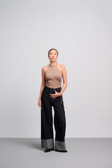 Raw Black Wide Leg Contrast Cuff Jeans