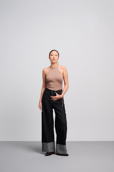 Raw Black Wide Leg Contrast Cuff Jeans