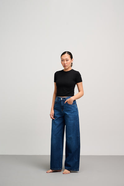 Blue Mid Rise Wide Leg Jeans
