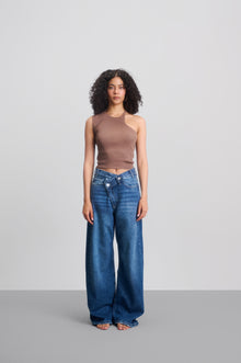 Mid Blue Crossed Waist Wide Leg Jeans