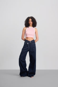 Raw Navy Blue Crossed Waist Wide Leg Jeans