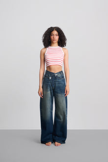 Dark Blue Wash Crossed Waist Wide Leg Jeans