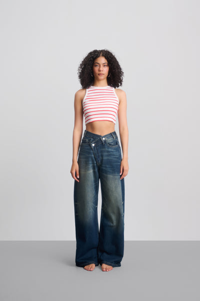 Dark Blue Wash Crossed Waist Wide Leg Jeans