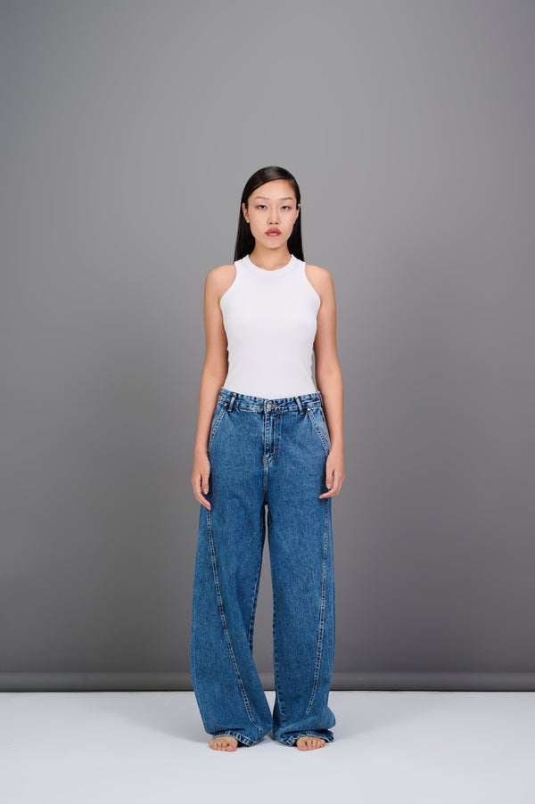 REDU Front Stitch Raw Baggy Jeans Blue