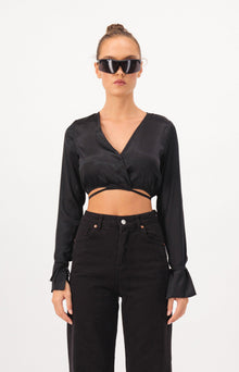 Satin Waist Tie Crop Blouse
