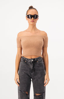 Off Shoulder Crop Fur Knit Top