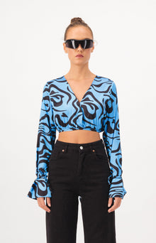 Patterned Satin Waist Tie Crop Blouse